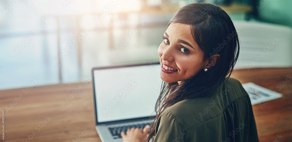Poster business woman, laptop and happy portrait at desk with blank screen and web designer with tech. offi