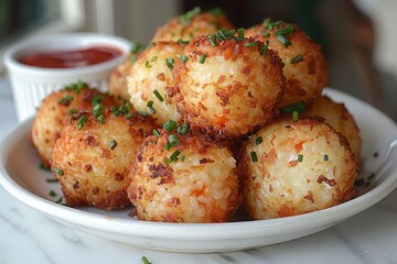 Fototapeta premium Arancini: Golden-fried rice balls with a crisp exterior and a cheesy, meaty filling visible inside
