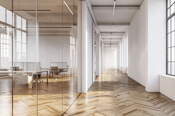 Spacious Office Interior with Large Windows. Bright and spacious office interior featuring large windows, glass partitions, and modern furnishings in a clean, professional setting.
