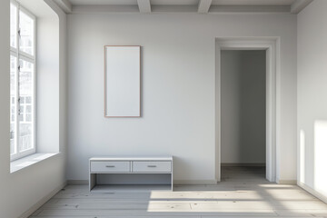 Minimalist interior with a white wooden bench, framed poster. Modern apartment with white walls and light wooden floors. Interior design and home decor concept. Empty space and clean lines