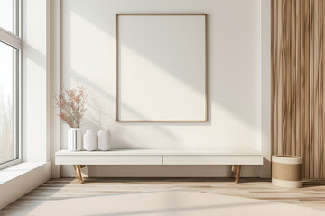 Bright and minimalist interior with a blank picture frame on a white wall, a modern console table, and decorative vases, perfect for mockups and design presentations