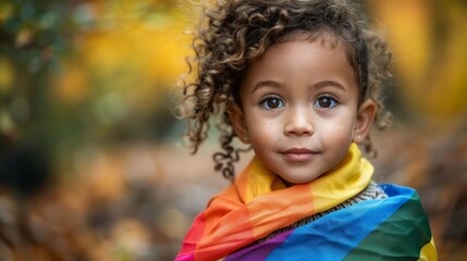 Fototapeta premium Cute child with curly hair wrapped in a colorful rainbow shawl, standing outdoors with a blurred natural background in autumn.