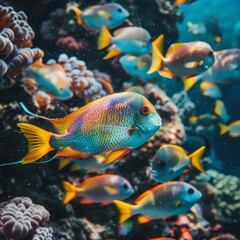 A colorful fish is swimming in a school of fish