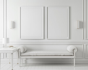 Elegant space with two frames on a pure white wall, a white rolled-arm bench, and a contemporary white hall table.