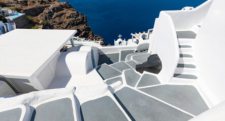 Amazing picturesque landscape, luxury travel vacation. Oia town stairs over sea view  Santorini...
