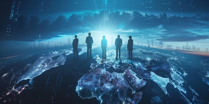 A group of business people standing on a globe, representing global branding and marketing Generative AI
