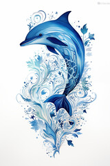 watercolor poster white background, blue colors dolphin in the center