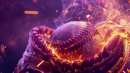 A baseball glove with a glowing ball and sparks of fire, set against a deep purple background. 8k, realistic, full ultra HD, high resolution and cinematic photography
