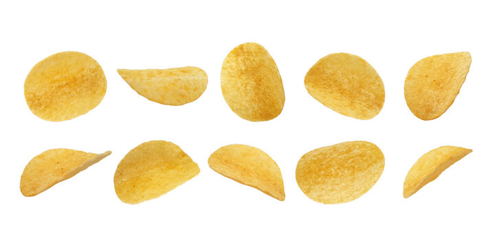 Set of potato chips close-up isolated on white background with clipping path, collection.