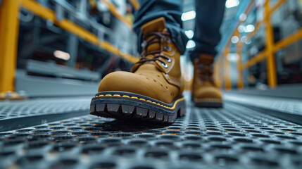 Close-up view of worker's safety boots walking on an industrial metal grid floor.