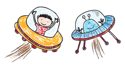 Alien,astronaut,meet,flying saucer,fantastic creatures,space,cartoon characters,unknown,textured vector hand drawn illustration isolated on white