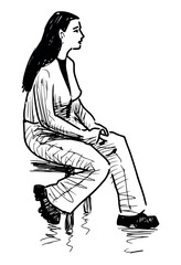 Girl alone sitting,profile, brunette,long hair, modern, young people,realistic, sketch doodle,vector hand drawing isolated on white