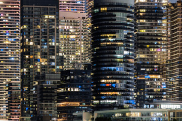 Night view of illuminated modern skyscrapers