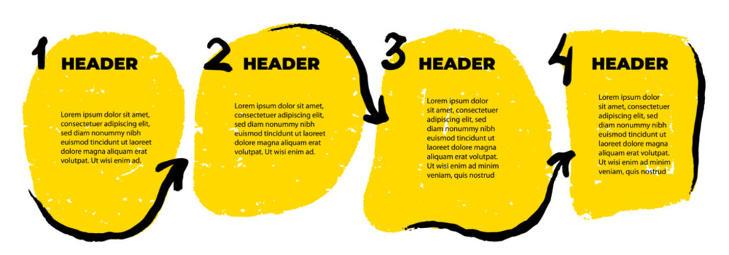 4 steps infographic with hand drawn text boxes and arrows. Step by step manual instruction. Grunge frames. Design element for presentation with copy space. Empty design template. Workflow layout