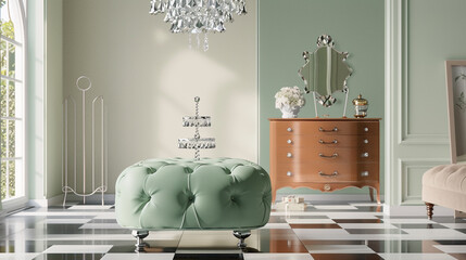 Modern art deco bedroom with a front view of a mint green and leather ottoman, a crystal tiered chandelier, and a monochrome checkered floor.