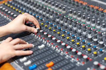 Closeup of audio mixer control panel