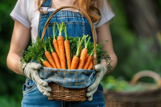 A girl in denim overalls holds a wicker basket with freshly picked carrots, showing the summer harvest and organic farming.