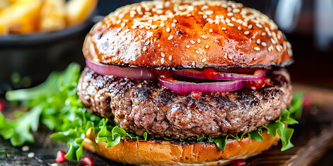 Delicious mouth-watering homemade hamburger on wooden cutting board.