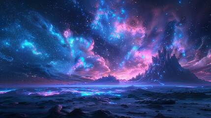 Naklejka premium Fantasy Starry Night Sky in Blue and Purple A Magical Journey Through Celestial Colors and Dreamlike Landscapes