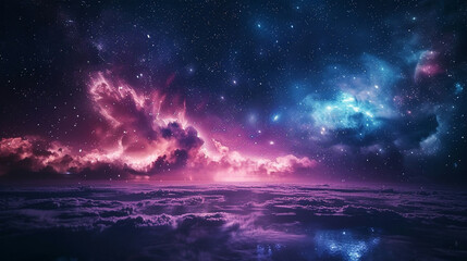 Fototapeta premium Fantasy Starry Night Sky in Blue and Purple A Magical Journey Through Celestial Colors and Dreamlike Landscapes