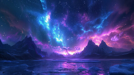 Naklejka premium Fantasy Starry Night Sky in Blue and Purple A Magical Journey Through Celestial Colors and Dreamlike Landscapes