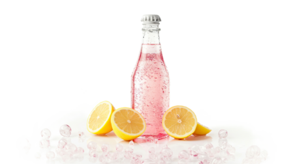 Bottle - Pink bottle with sparkling water and lemon slice isolated on a transparent background