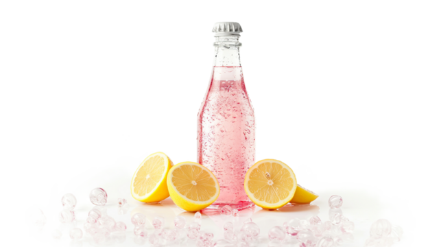 Bottle - Pink bottle with sparkling water and lemon slice isolated on a transparent background