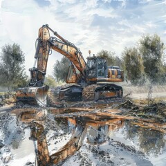 Heavy Machinery in Action Riverside Construction Excavator Lifting Mud in a Watercolor Scene