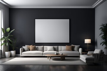  empty screen in a living room interior on an empty dark wall background design,3D rendering 
