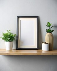 Minimalist frame and plants on wooden shelf