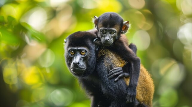 loving scene with a baby howler monkey hanging on his mothers back int he rainforest trees of Costa