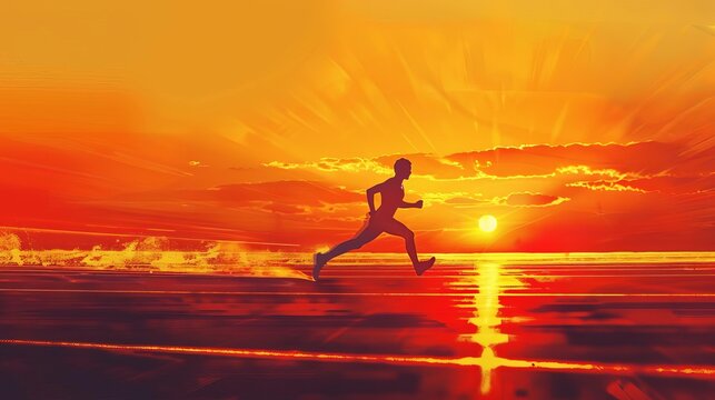 determined athlete running on track at vibrant sunset inspirational fitness concept illustration