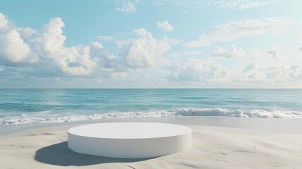 Obraz premium product display podium on beautiful sandy beach with daylight advertising mockup template
