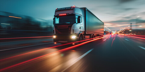 European truck in motion on road in night. Logistics company concept.