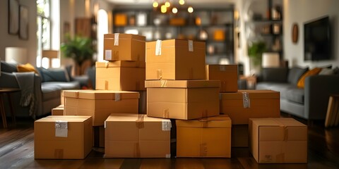 Boxes stacked in a traditional living room, prepared for moving. Concept Moving Boxes, Traditional Interior Design, Home Decor, Packing Essentials, Relocation Preparation