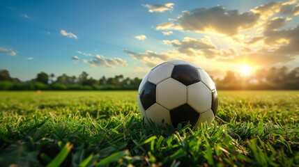 Football or soccer ball on green grass
