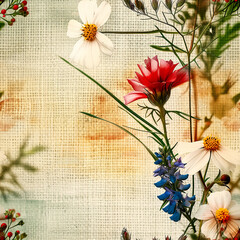 Seamless floral pattern with summer flowers on the old grunge background with textured canvas