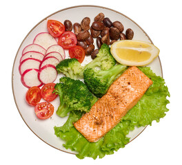 Healthy lunch with grilled salmon on green lettuce, next to vegetables, tomatoes, radishes, broccoli and a portion of beans