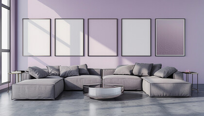 Quadruple blank frames, pastel violet wall, slate grey sectional, modern chrome table; ultra HD image.
