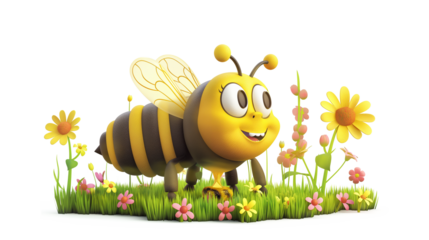Cartoon Bee in a Vibrant Garden isolated on a transparent background