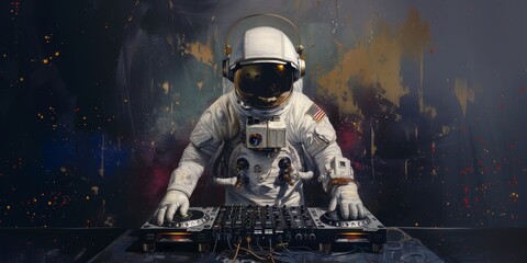 an astronaut stands behind a DJ console .Generative AI