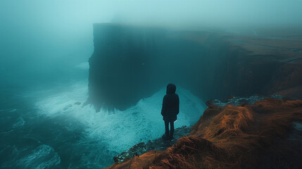 Solitary Figure Standing on a Foggy Cliff Overlooking the Ocean