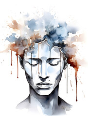 Abstract illustration of a human head with sad and stressful expression, watercolor splashes on top, white background 