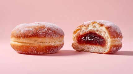 A donut with a hole in it and another donut with powdered sugar on it