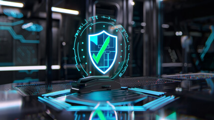Futuristic Security: Blue Holographic Shield with Green Check Mark. Generative AI
