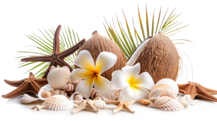 Coconut Beach - Coconut with flowers, starfish, shells, palm trees isolated on a transparent background
