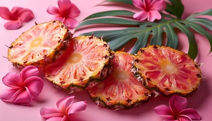 Pineapple, top view, isolated on clean pink background