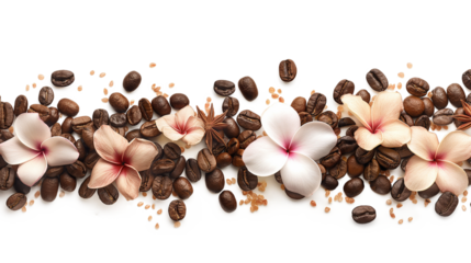 Coffee Beans and Flowers isolated on a transparent background