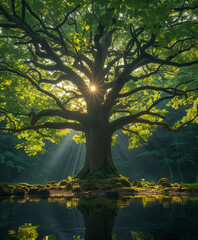 Obraz premium Majestic Oak Tree with Sun Rays in a Tranquil Forest