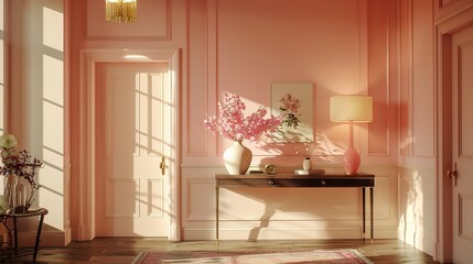 soft pastel hues, where blush pink walls create a sense 